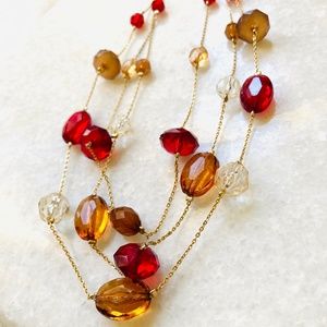 Vintage 3 Strand Station Necklace Chain Red Gold Clear 90s Lucite Avon 18”